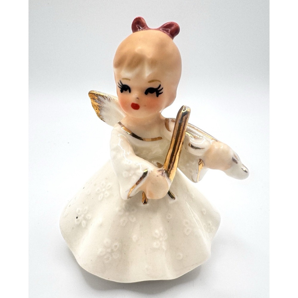 NAPCO Ware Snowflake Angel Figurine C6351 Violin Japan Label 2.75" Ceramic Vtg